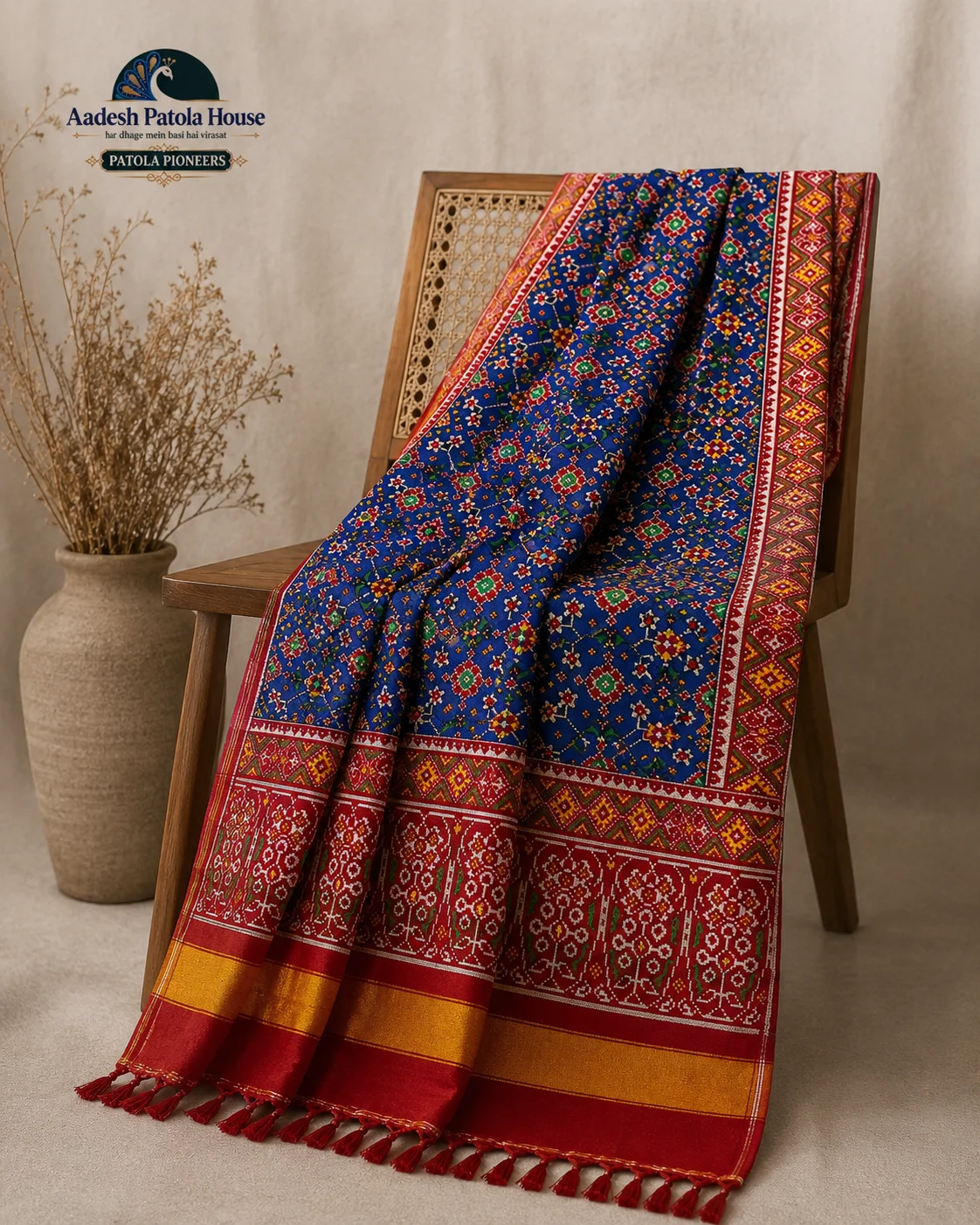 Red Selari Border Blue Navratan Motifs Double Ikat Patola Saree