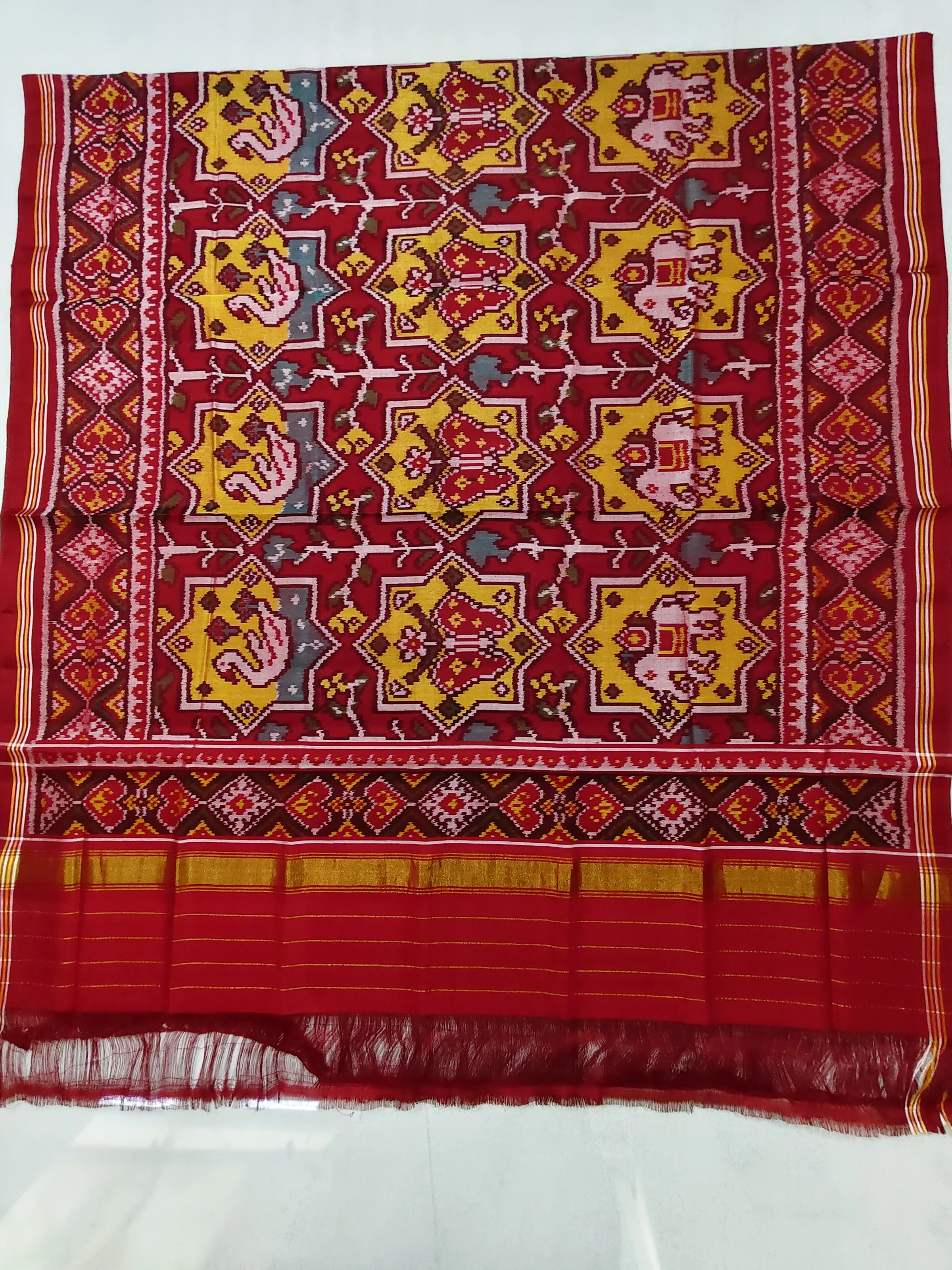 Red Yellow Big Animal Motifs Semi Ikat Dupatta for Chaniya Choli